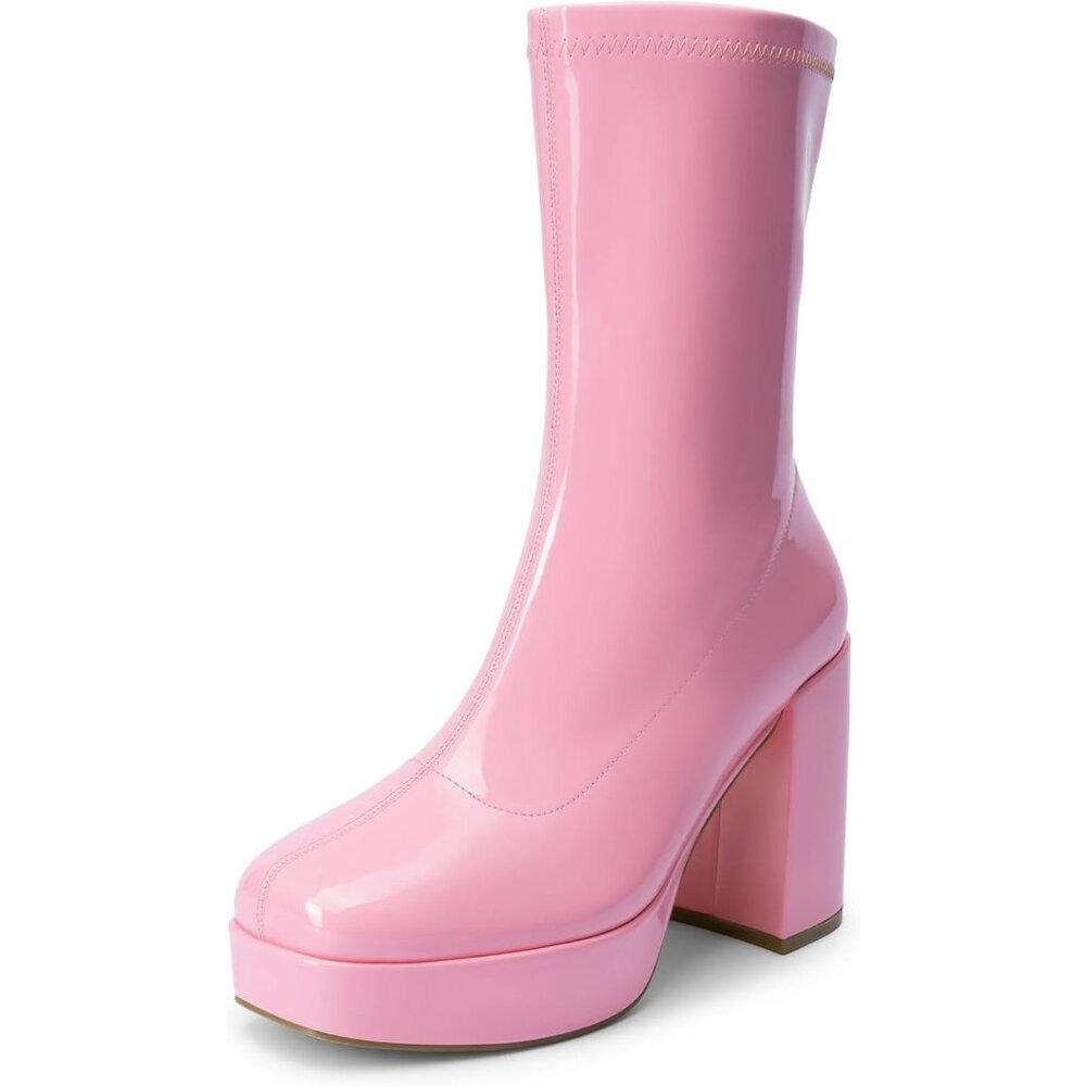 ⚡Dream Pair Women Pink Faux Leather Mid Calf Platform Block Heel Ankle Boot